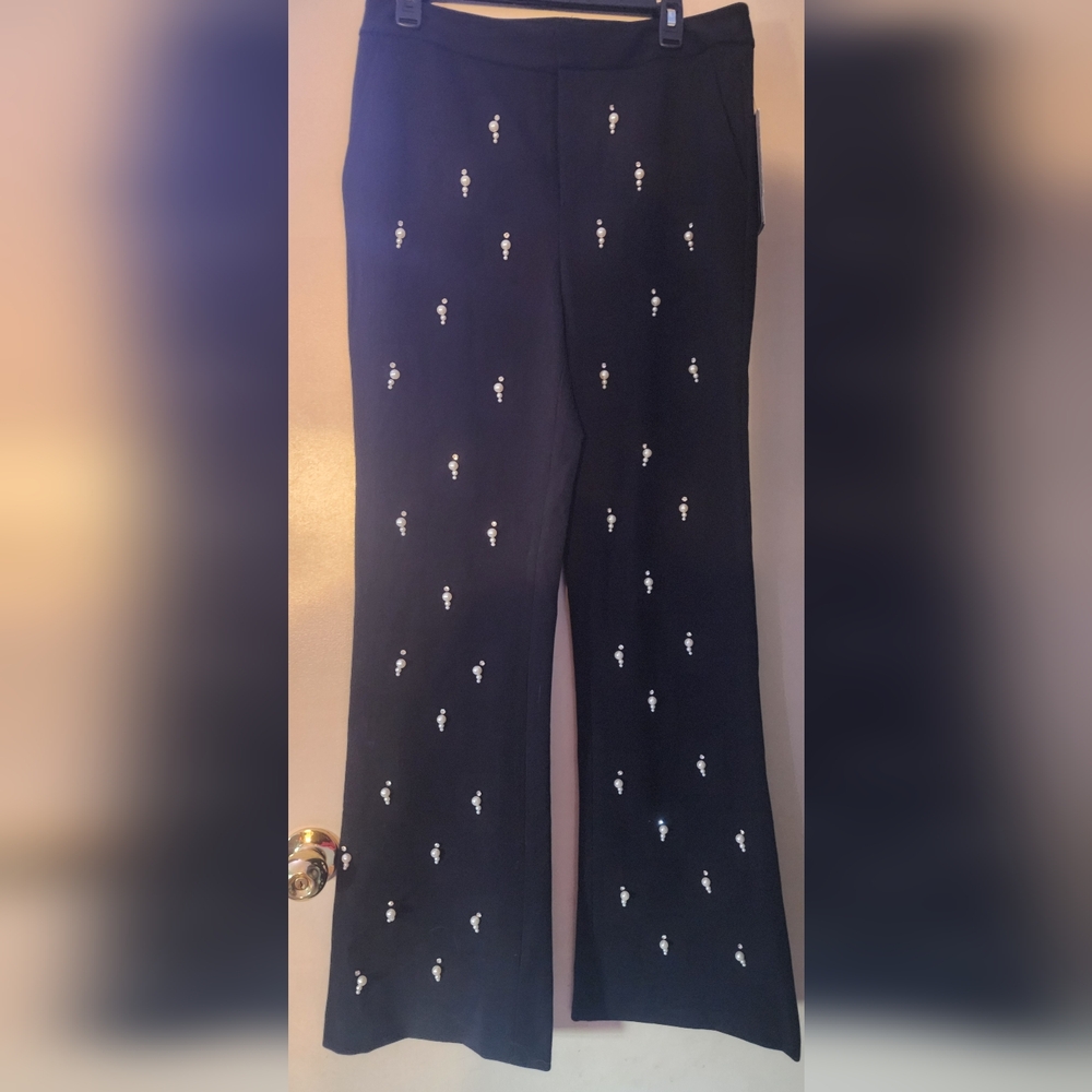 Karl Lagerfield Black Embellished Rhinestones & Faux Pearls Pants Sz 8 - Picture 3 of 12